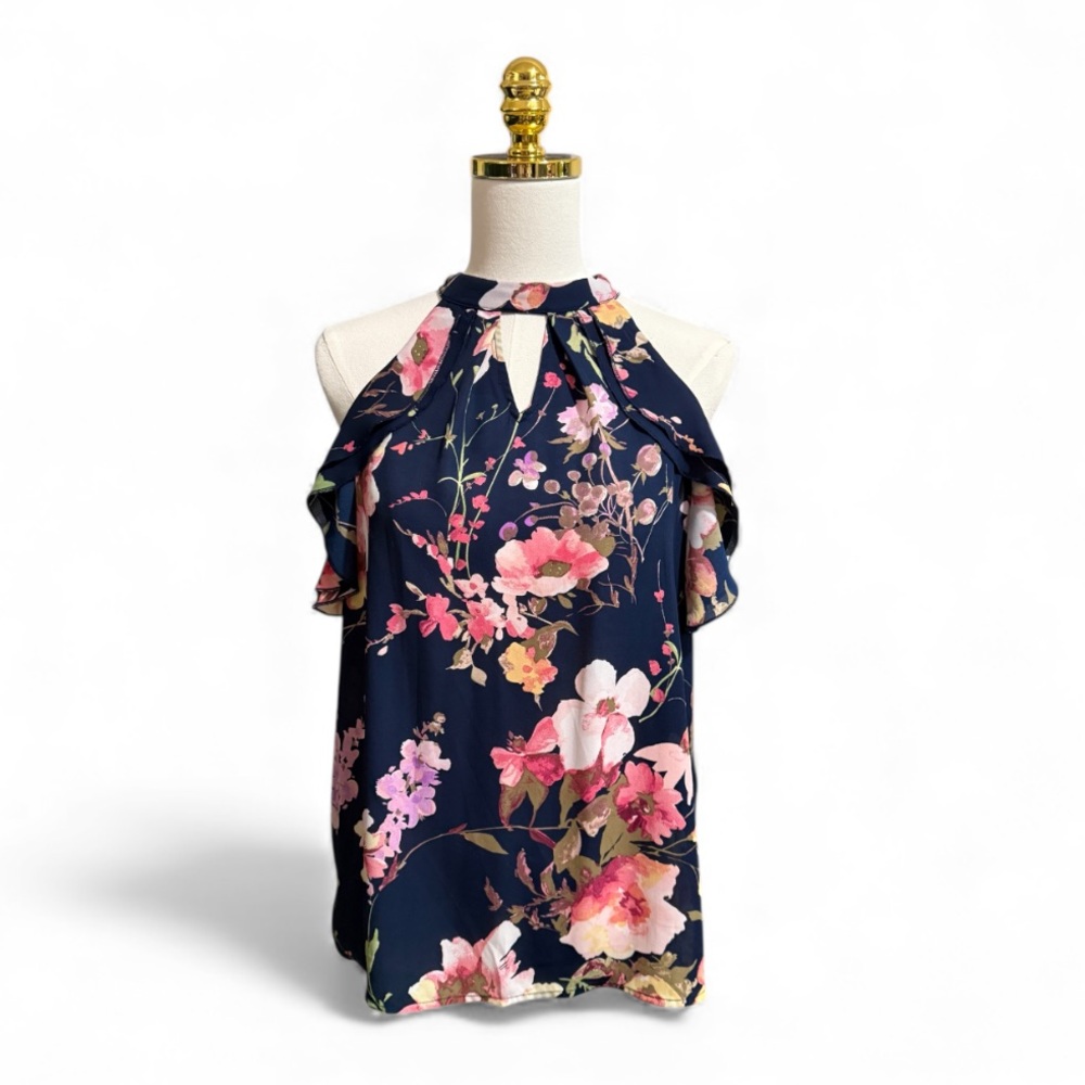 7th Avenue Navy Floral Halter Top Blouse Cutout Ruffle Size Medium